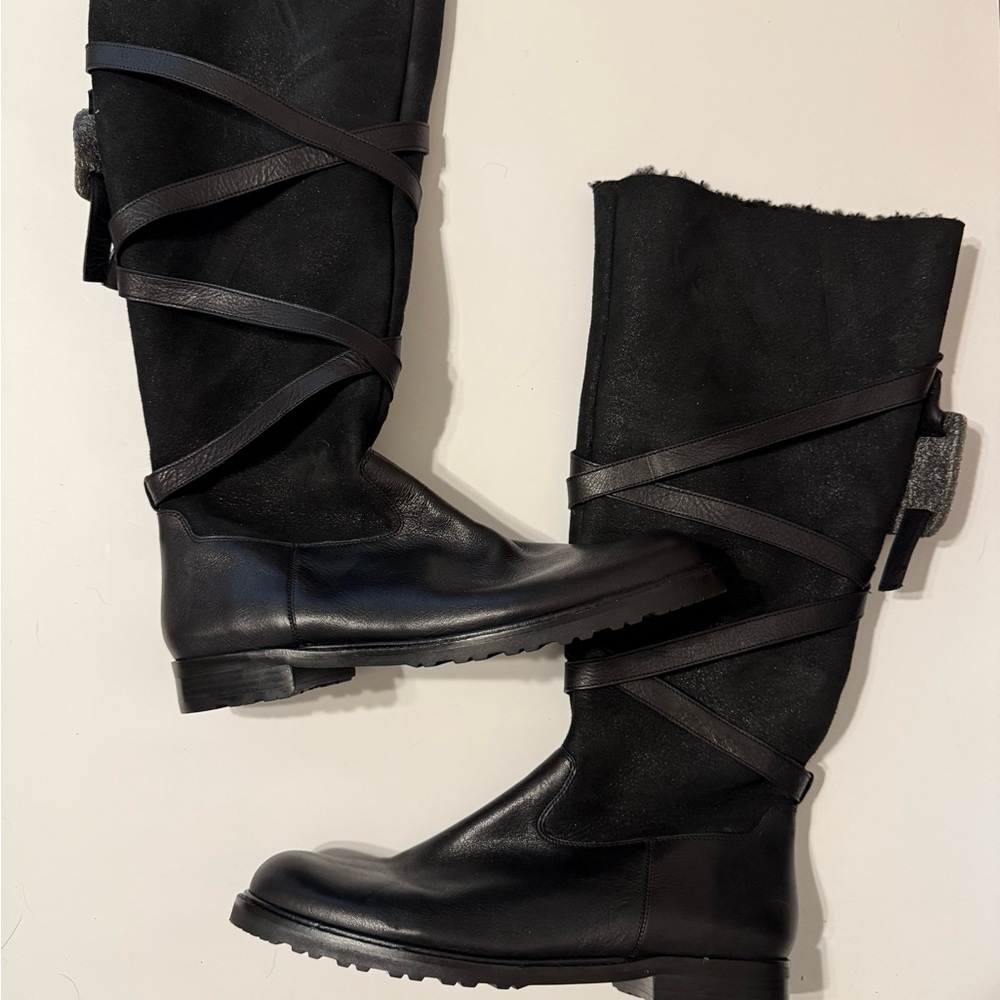 New- Via Spiga Black Leather and Suede Wrap Boots